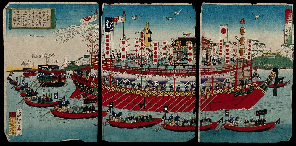 A shogunal pleasure trip by boat in 1798. Colour woodcut, 1889.