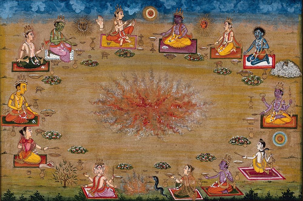 Thirteen different gods perform a yagna, a fire sacrifice, an old vedic ritual where offerings are made to the god of fire…