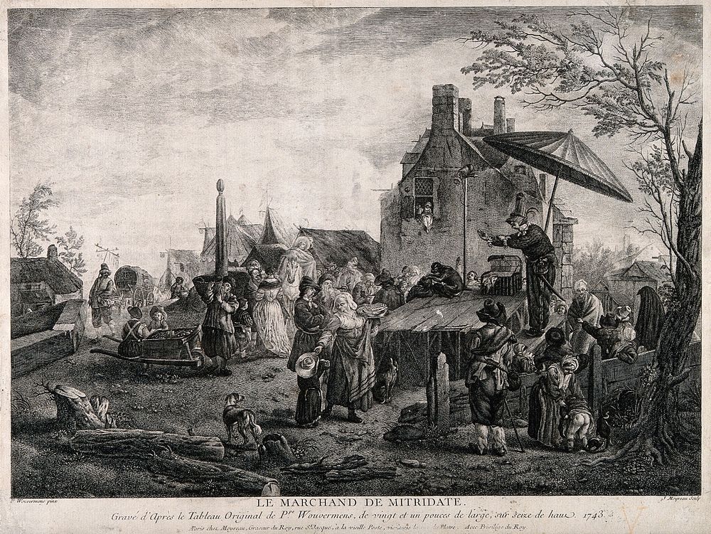An itinerant medicine vendor performing on stage at a bustling fair. Engraving by J. Moyreau, 1743, after P. Wouwerman.