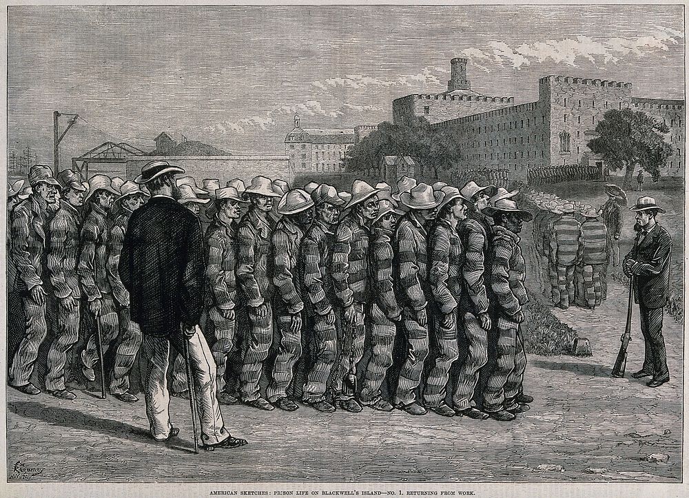 Blackwell's Island Penitentiary, New York: prisoners in uniform are marching towards the penitentiary after hard labour…