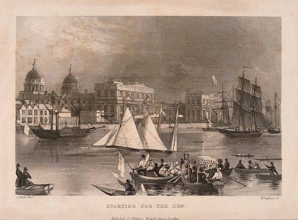 Royal Naval Hospital, Greenwich, a race in progress with spectators in rowing boats in the foreground. Engraving by W.…
