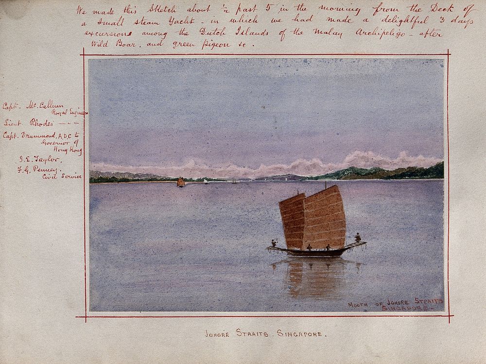 Singapore: view across the Johore Straits. Watercolour by J. E. Taylor, 1879.