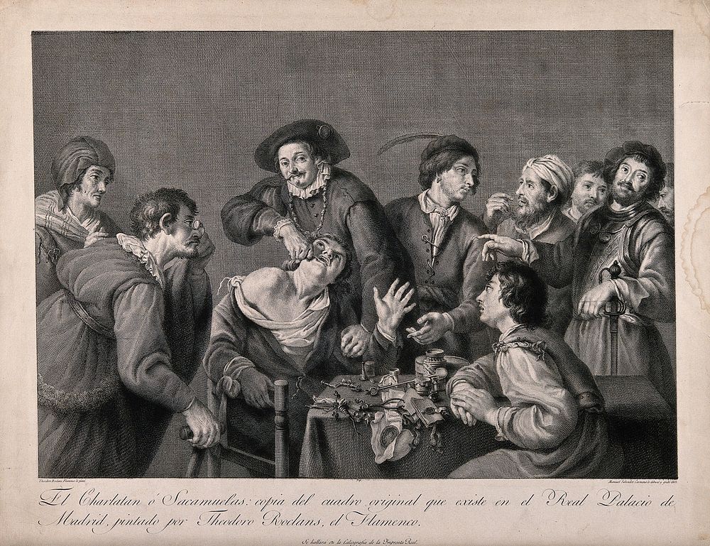 A troupe of travelling performers including a toothdrawer. Line engraving by M. Salvador Carmona, 1805, after T. Rombouts.