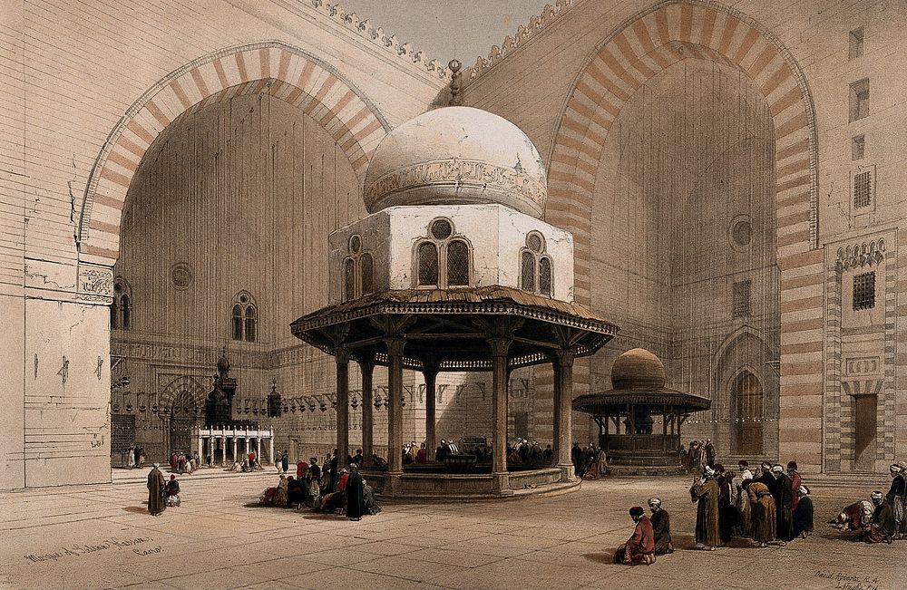 Mosque of Sultan Hassan, Cairo, Egypt: interior of the courtyard. Coloured lithograph by Louis Haghe after David Roberts…