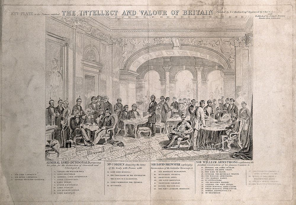 British inventors, politicians and military men: a key to the identities of the sitters. Engraving by C.G. Lewis, 1863…