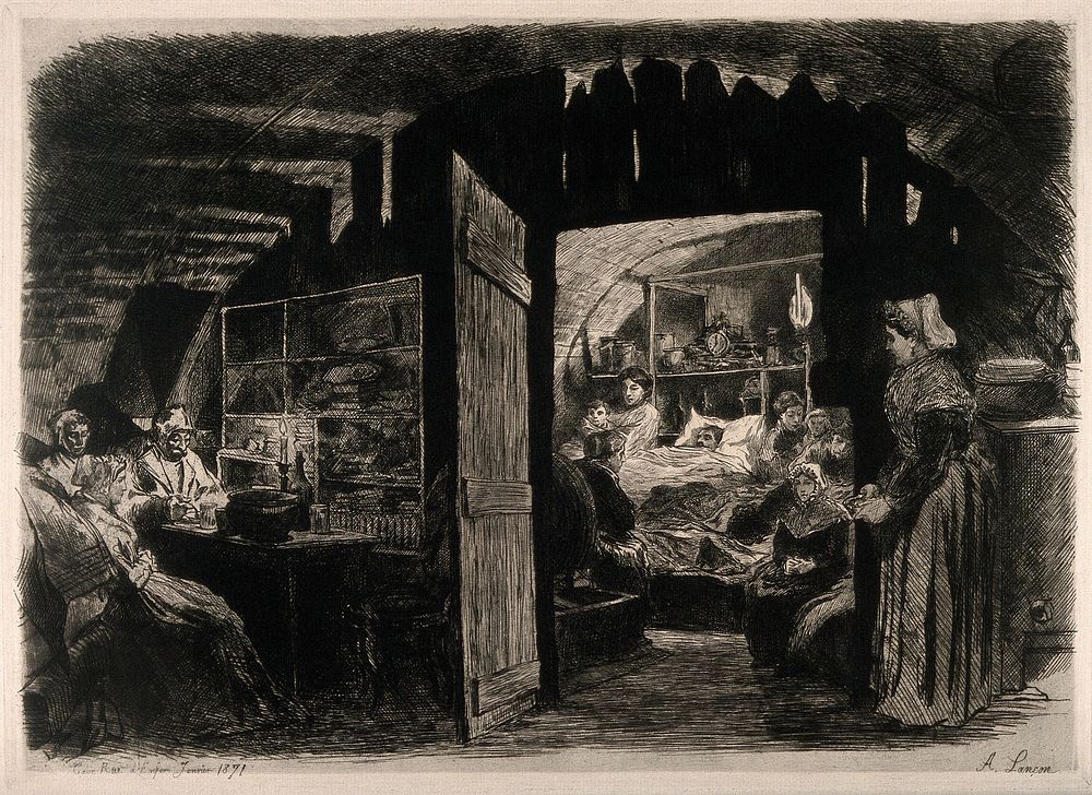 Franco-Prussian War: a family keeping vigil around a patient's bed while other soldiers convalesce in another room. Etching…