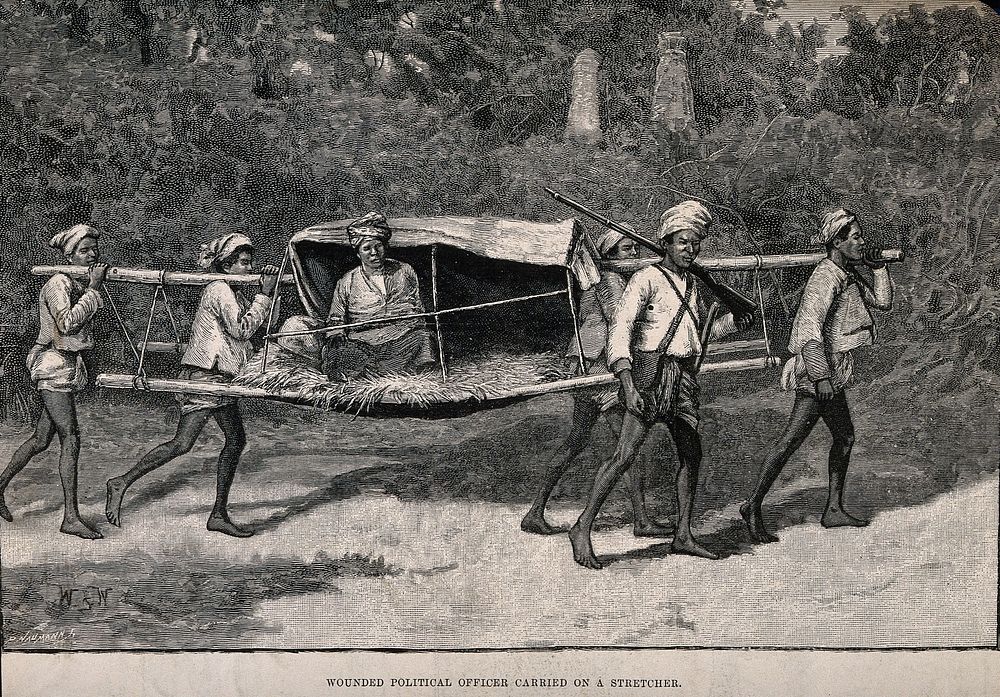 Burma: a wounded political officer being carried on a stretcher. Wood engraving by P. Naumann, 1889, after W.B. Wollen.