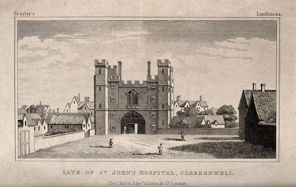 Gate of the Hospital of the Knights of St. John of Jerusalem, Clerkenwell, London, surrounded by thatched domestic…