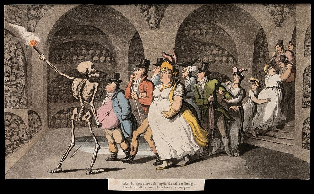The dance of death: the vision of skulls. Coloured aquatint after T. Rowlandson, 1816.