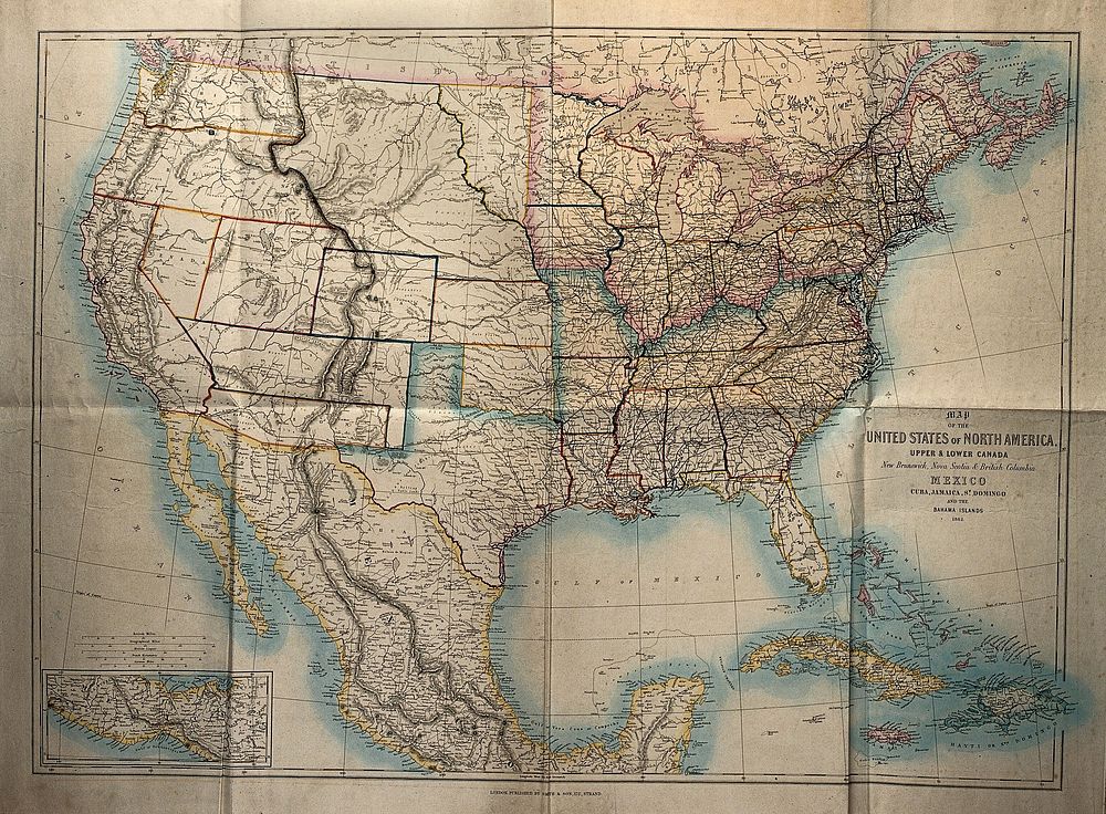 North and Central America: map. Coloured engraving, 1862.