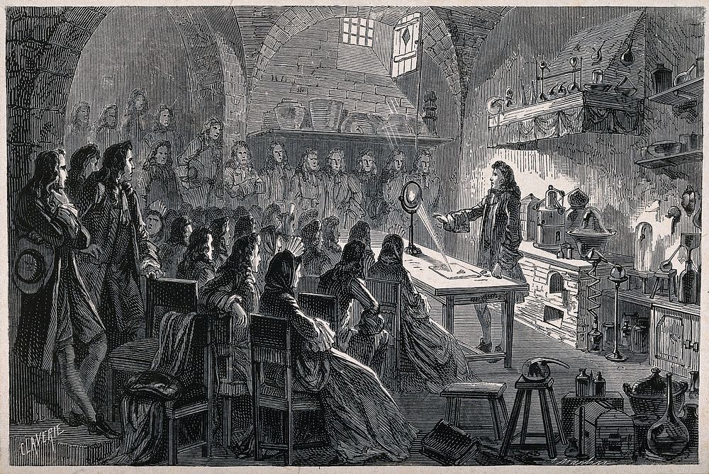 Sir Isaac Newton  showing an optical experiment to an audience in his laboratory. Wood engraving by Martin after C. Laverie.