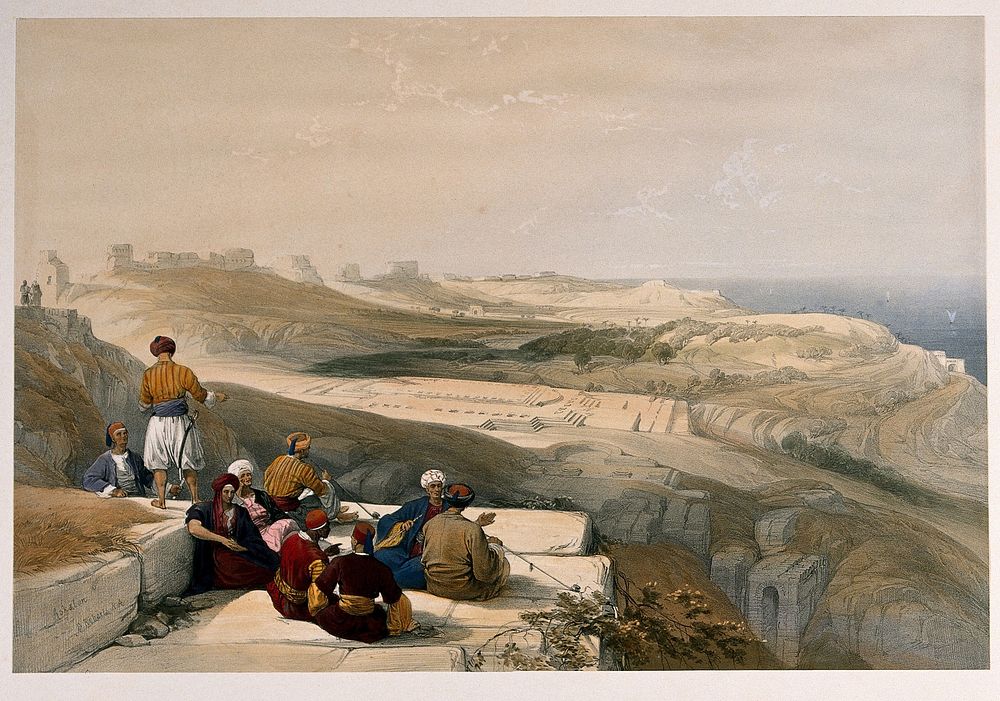 Men sitting to smoke with a panoramic view of the coast by Ashkelon, Israel. Coloured lithograph by L. Haghe, c. 1843, after…