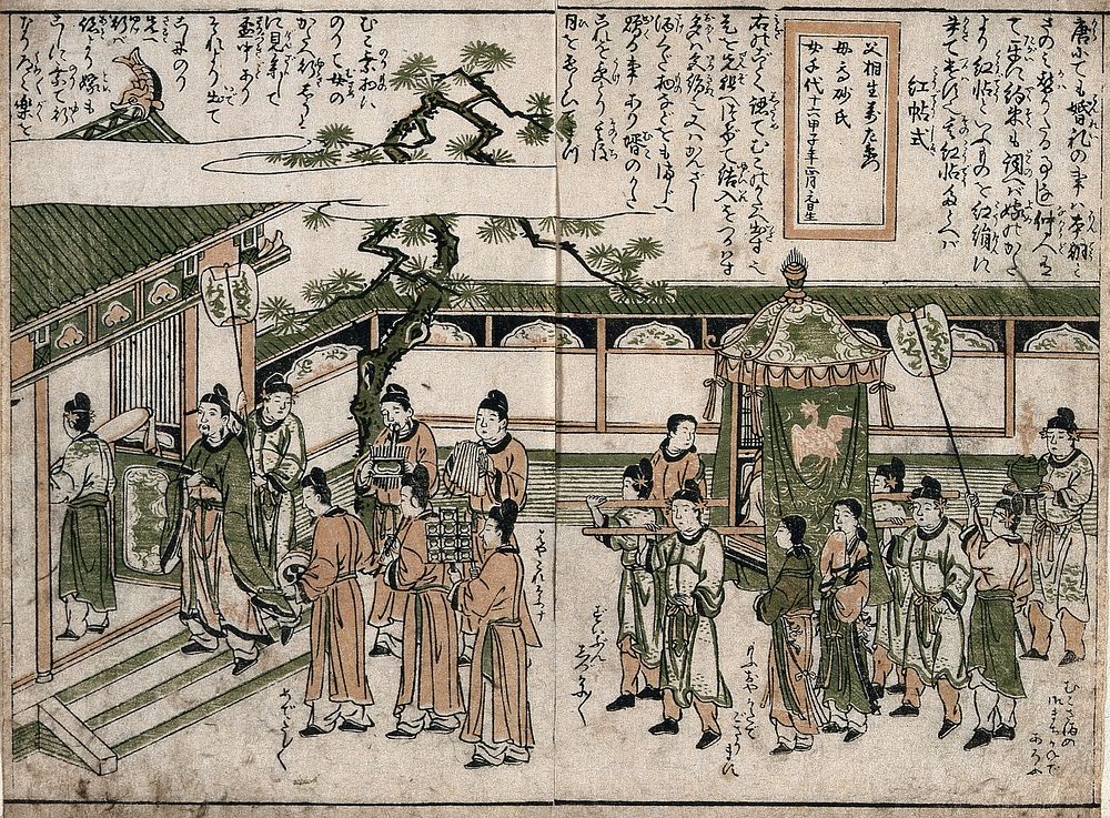 A Chinese wedding: the bride is carried to her new home. Colour woodcut by Shigemasa, ca. 1810.