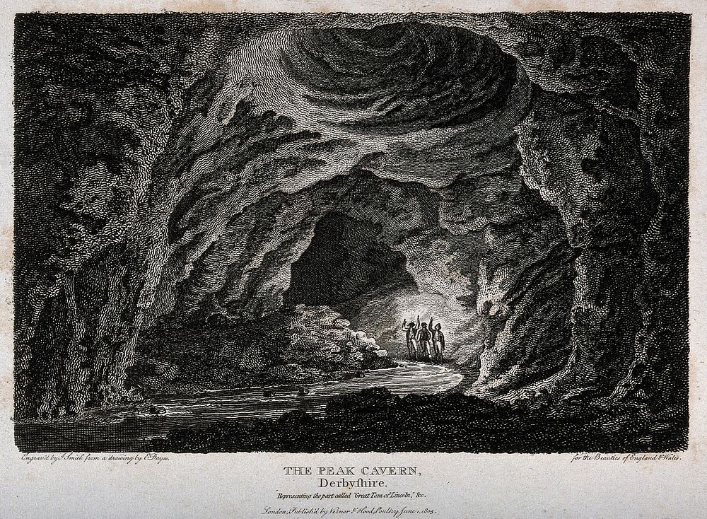 Geology: two visitors being shown the attractions of Peak Cave, Derbyshire. Engraving, 1803.