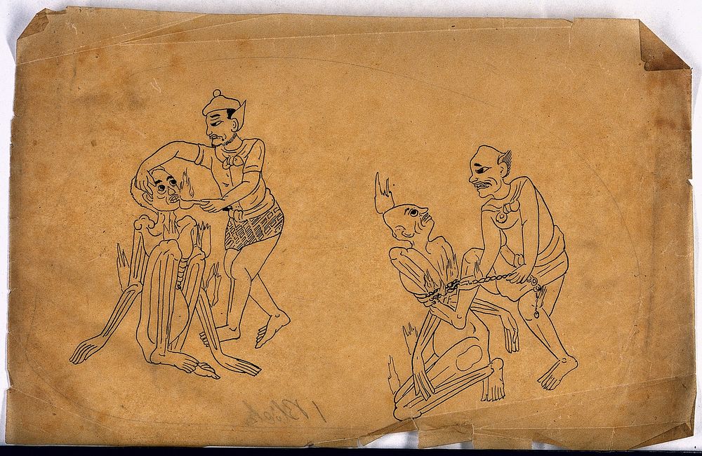Two Chinese men torture two prisoners. Pen and ink drawing by a Chinese artist, ca. 1850.