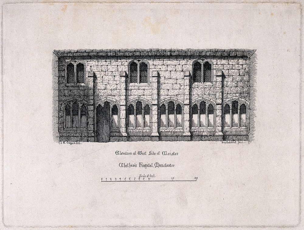 Chetham's Hospital, Manchester, England: with west side of cloisters, and a scale. Etching by P. Cruikshank after I.C.…