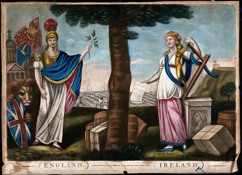 Two women standing under a tree exchanging an olive branch and music, with freight around them and with ships passing by in…
