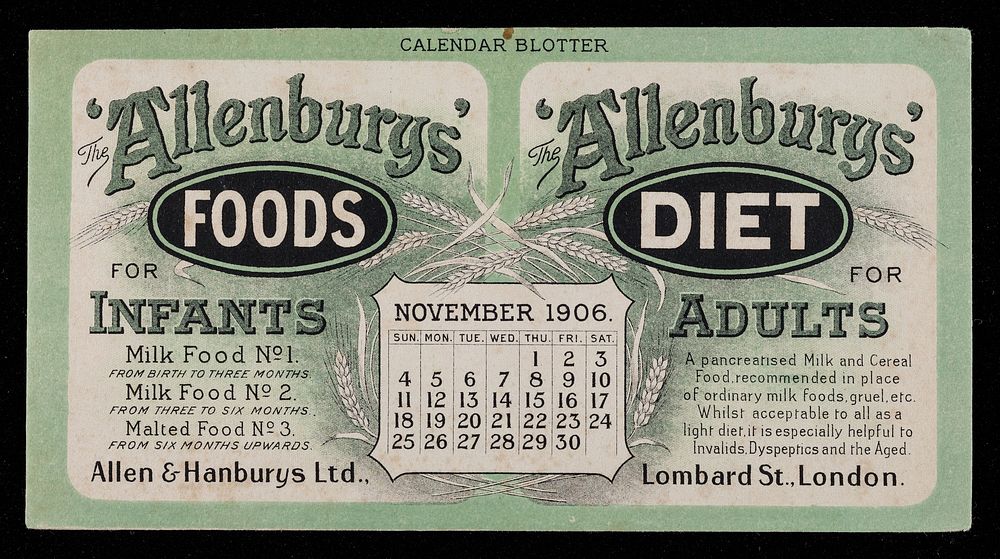 The 'Allenbury' Foods for infants : The 'Allenburys' Diet for adults : November 1906.