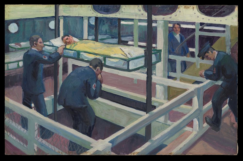 World War I: a hospital ship showing lift for transferring wounded sailors from deck to deck. Oil painting by Godfrey Jervis…