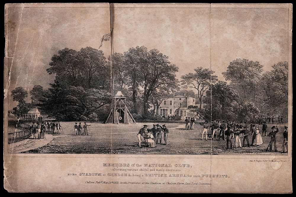 Members of the National Club shooting at a rifle range in Chelsea. Lithograph by Day & Haghe, 1831.