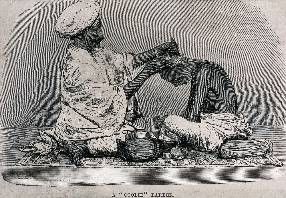 An amateur barber dressing a man's hair. Wood engraving.