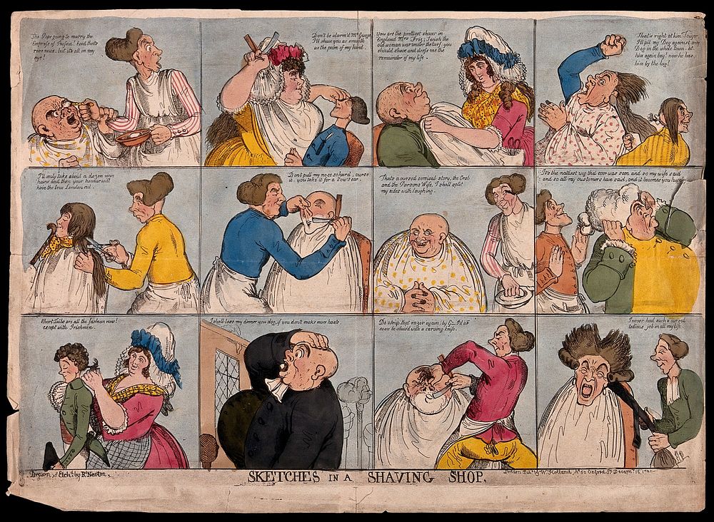Men being shaved and having their hair cut, styled and crimped by various male and female barbers. Coloured etching by R.…