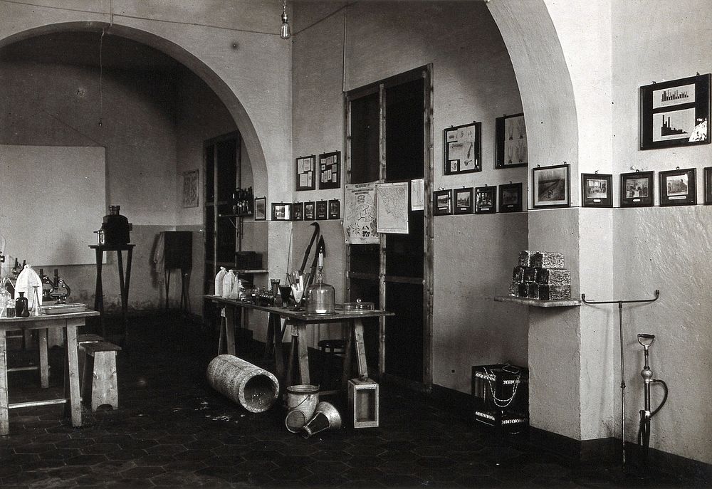 The anti-malaria school, Nettuno, Italy: laboratory interior. Photograph, 1910/1937 .