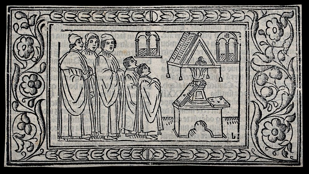 A choir of three men and two boys singing from a book which is on a lectern. Woodcut, ca. 1500.