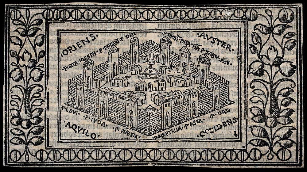 A map of Jerusalem with its gates. Woodcut.