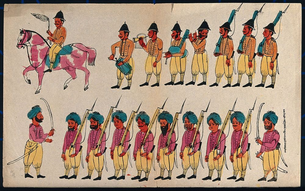 Two rows of soldiers, English and Sikh. Coloured transfer lithograph.