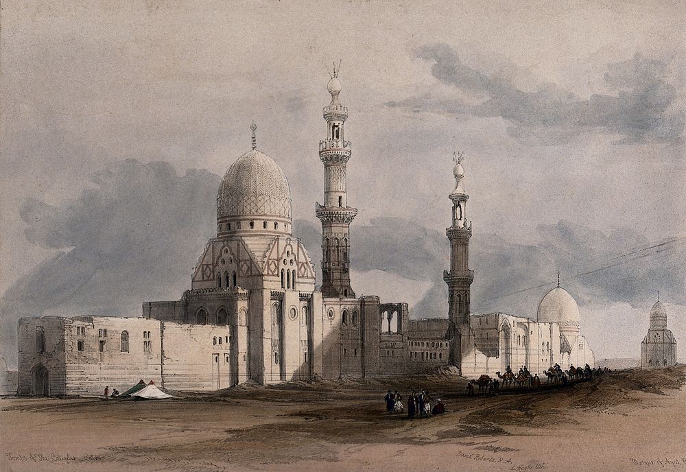 Mosque of Ayed Bey, with other tombs of the caliphs, Cairo, Egypt. Coloured lithograph by Louis Haghe after David Roberts…