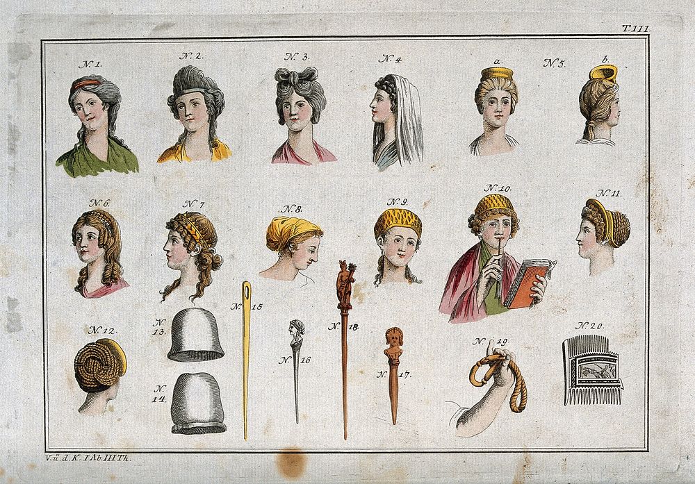 Twenty figures showing different types of Roman  hairstyles and hair accessories for women. Coloured engraving.