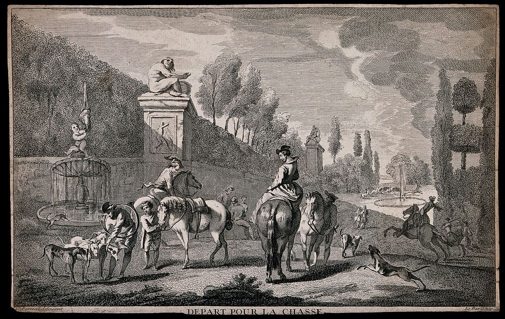 Men and boys in an Italian garden preparing the horses and hounds to go hunting. Engraving by J.P. Le Bas after C. Parrocel.
