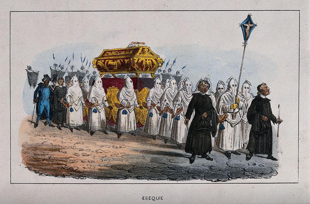 Members of different brotherhoods carrying a coffin during a procession. Coloured lithograph after G. Dura.