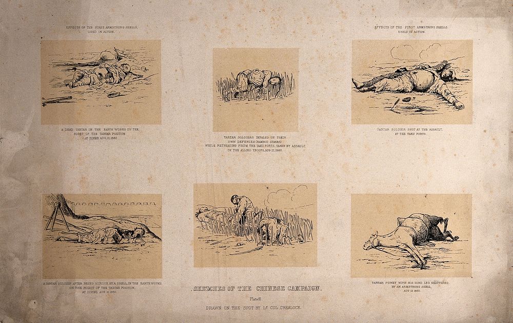 A sheet of sketches showing war defences and victims during the Chinese Campaign, 1860, China. Tinted lithograph after Lt.…