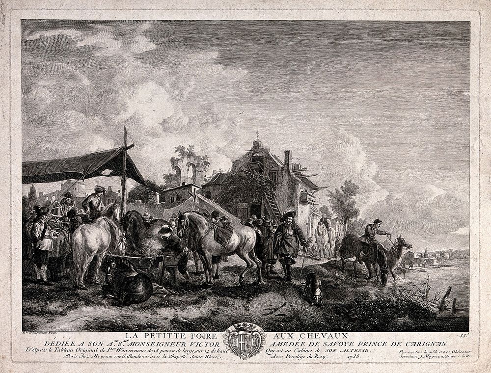 A horse fair: men and horses are gathered together in a village near a river. Etching by J. Moyreau after Ph. Wouwerman.
