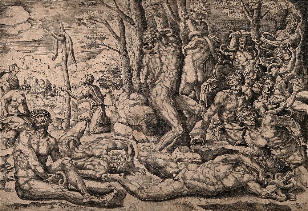 The Israelites afflicted by a plague of serpents; two men worshipping the brazen serpent erected by Moses. Engraving by M.…