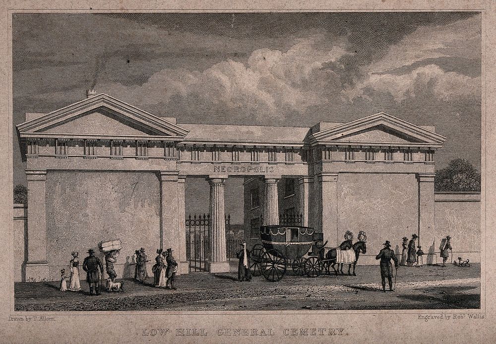 The entrance of Low Hill General Cemetery, Liverpool. Engraving by Robert Wallis after Thomas Allom.