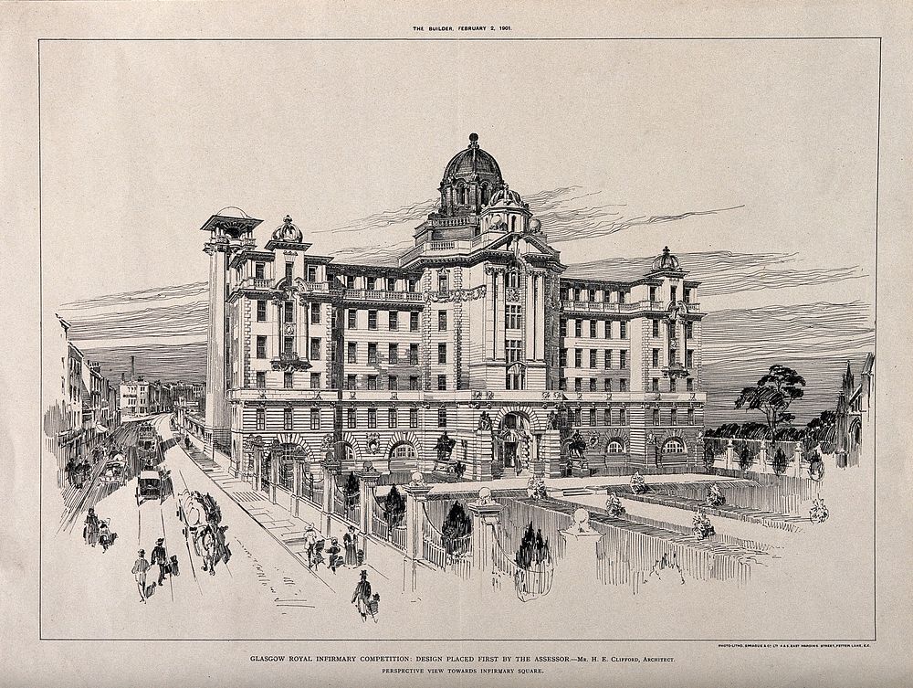 Royal Infirmary, Glasgow: the winning competition design by H. E. Clifford. Process print by Sprague & Co. Ltd., 1901.