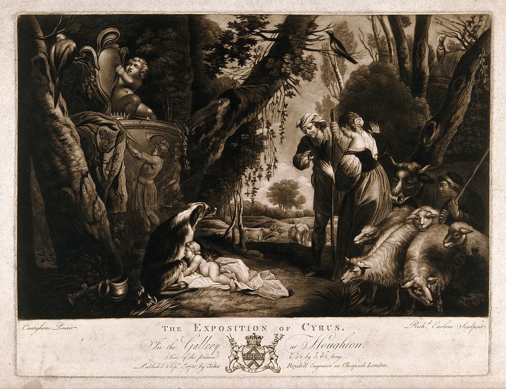 Cyrus is discovered by a shepherd and a shepherdess while he suckles a dog. Mezzotint by R. Earlom after G.B. Castiglione.