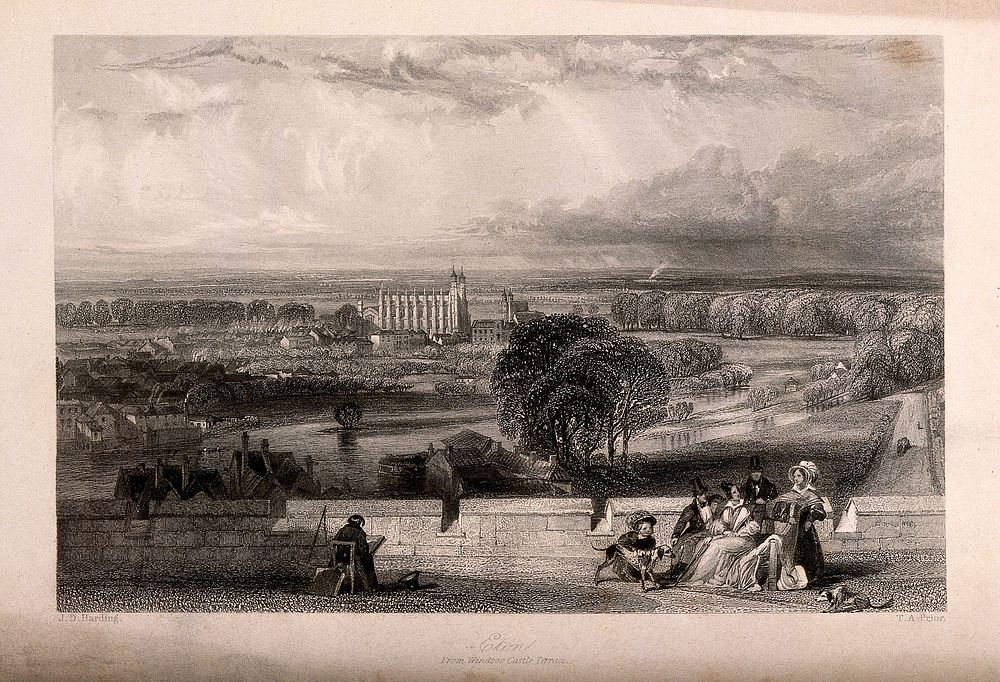 An artist drawing a panoramic view of Eton College from Windsor Castle terrace, Berkshire. Line engraving by T.A. Prior…