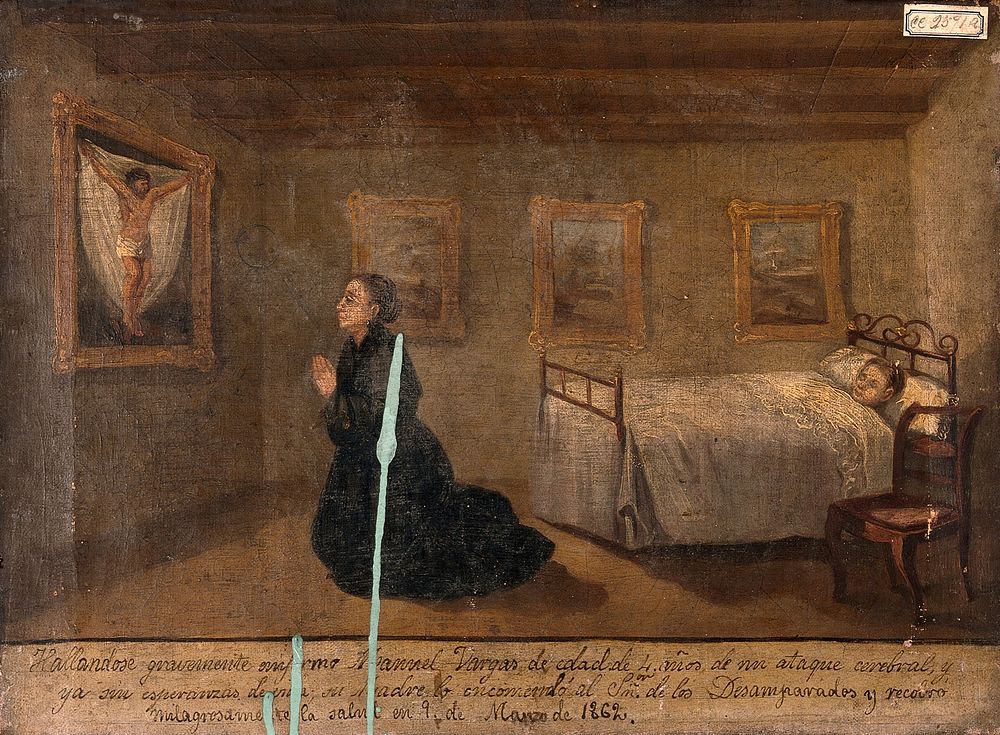 The mother of Manuel Vargas praying for his recovery from a "cerebral attack", March 1862. Oil painting by a Spanish…