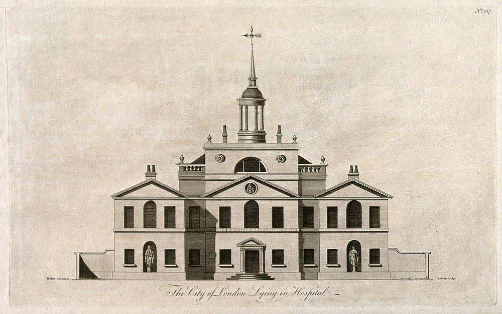 City of London Lying-in Hospital: the facade. Engraving by J. Roberts.