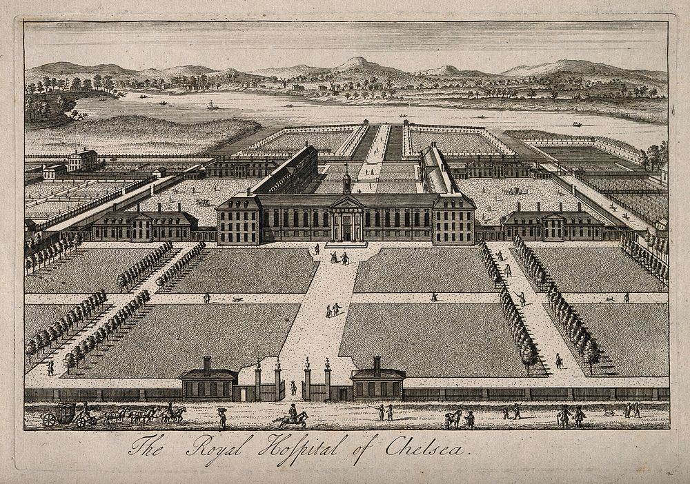 The Royal Hospital, Chelsea: aerial view of the building and grounds, looking towards the river. Engraving, probably by B.…
