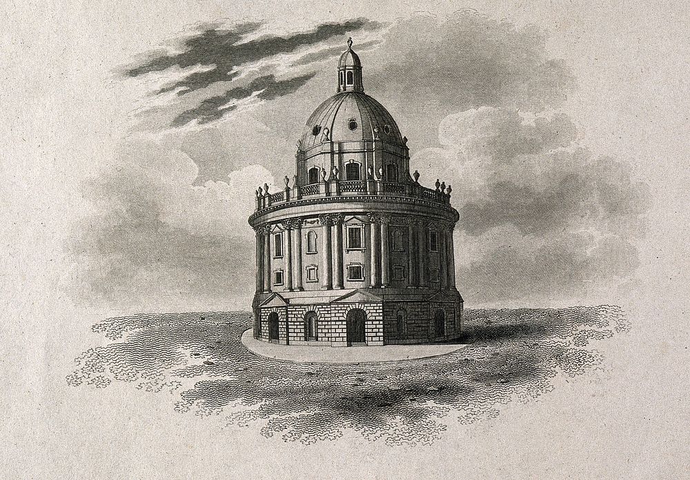 Sir Thomas Millington (above); the Sheldonian theatre (below). Stipple engraving by T. Woolnoth, 1807, after Sir G. Kneller.