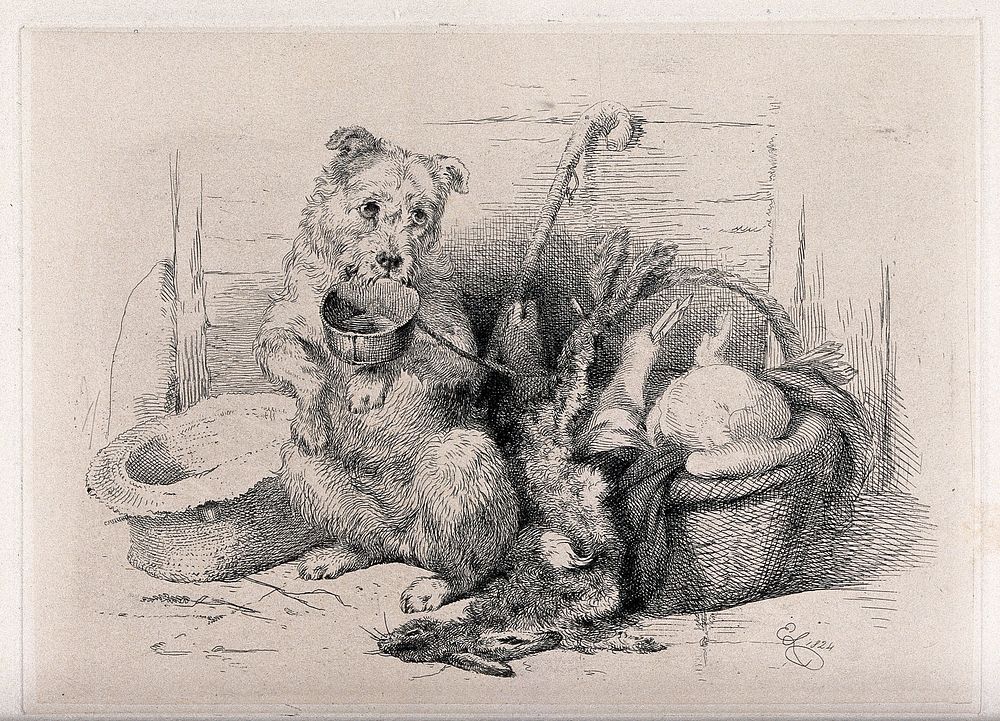 A terrier sits on its hind legs holding a bowl in its mouth and with front paws raised. Etching after E.H. Landseer, 1824.