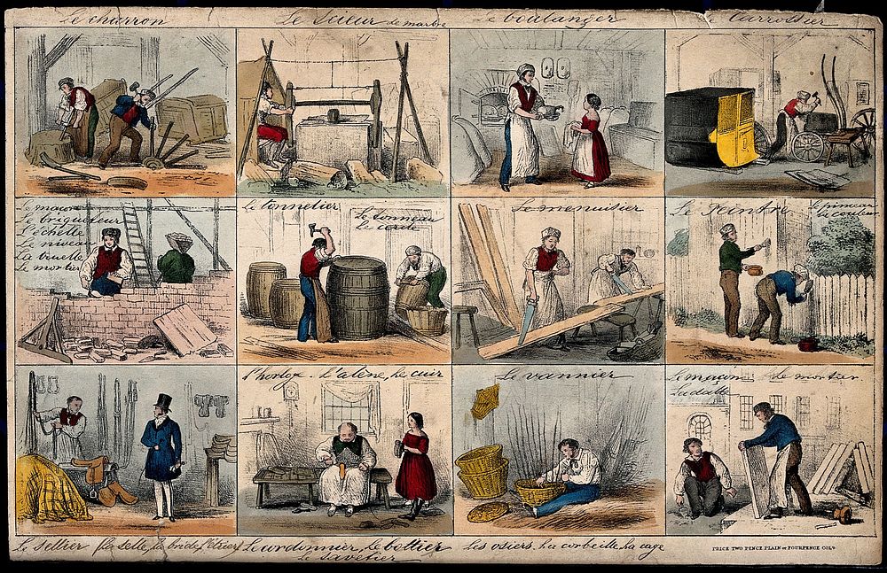 Men and women performing different trades. Coloured lithograph.