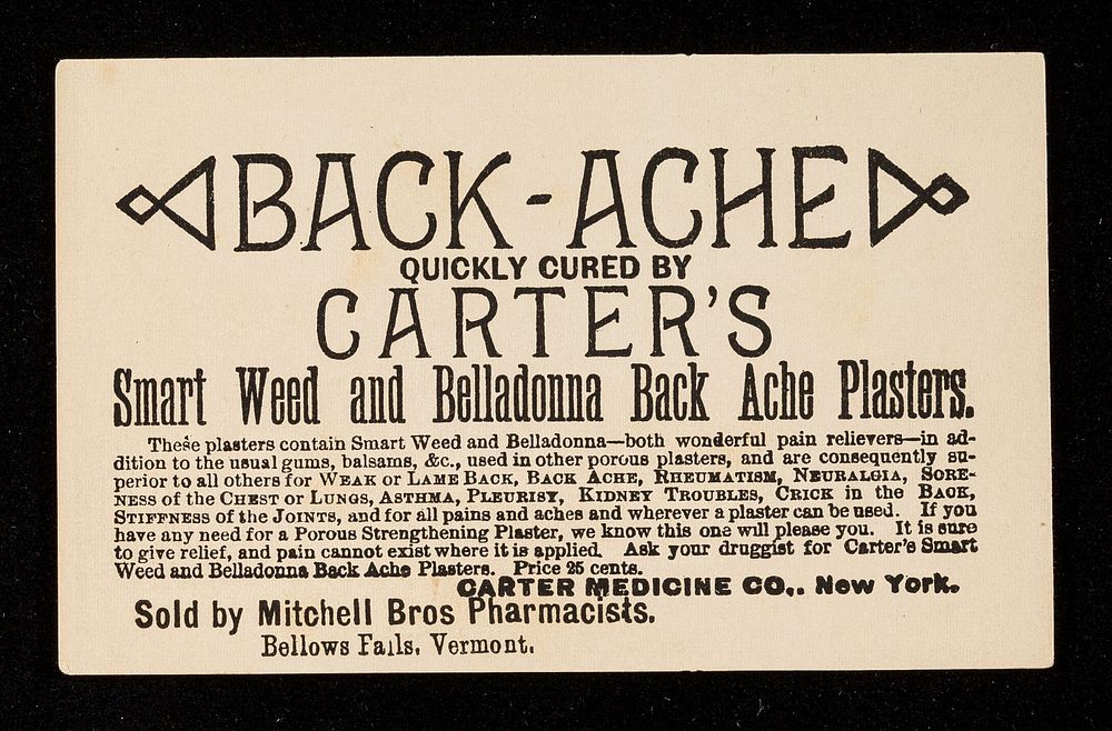 Carter's Backache Plasters for every ache or pain : puzzle card.