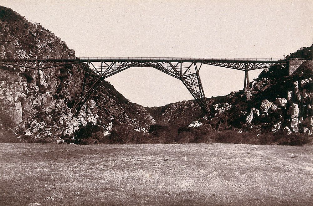 Blauw Krantz Bridge, South Africa: a ravine and railway bridge. Woodburytype, 1888, after a photograph by Robert Harris.