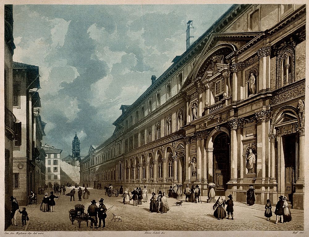Maggiore Hospital, Milan, Italy. Coloured aquatint by G. Ruff after A. Sidoli after G. Migliara.